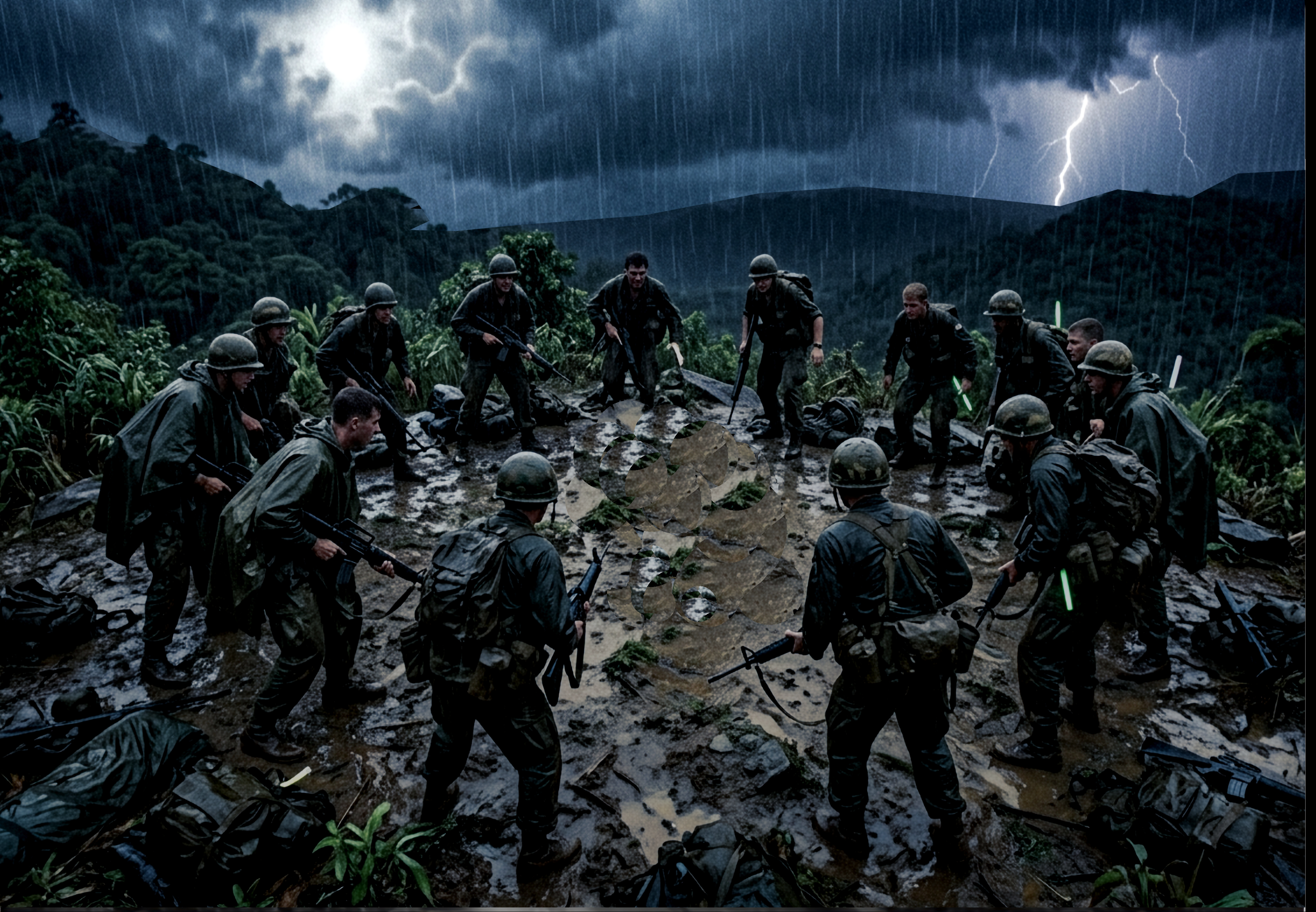 Twelve Marines on a Vietnam mountain top during a monsoon. 